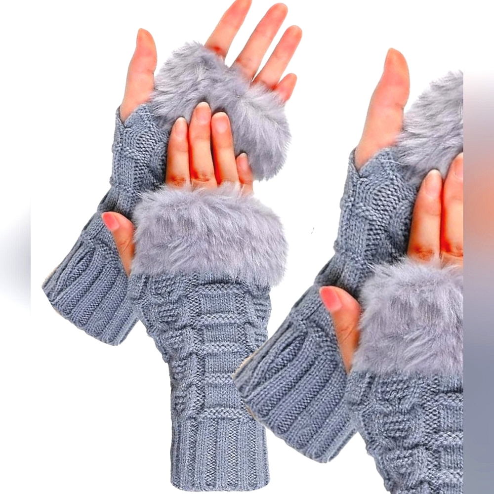 Offers Adored 🤗 Gray Faux Fur Fingerless Gloves Mid Length Soft, Stretch Knit
